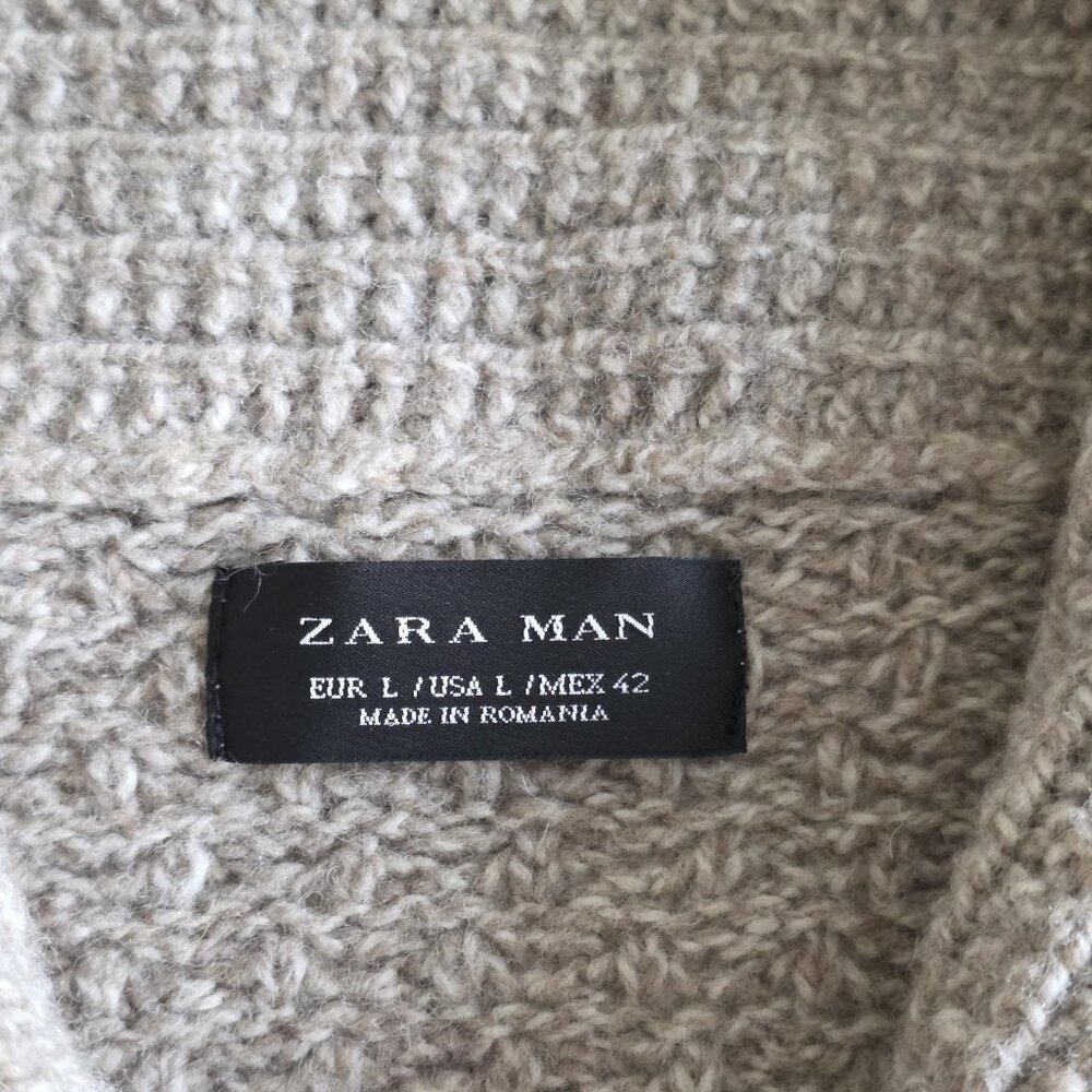 Zara Mens Cardigan L Beige Textured LS Shawl Collar Button Preppy Academia Boho - Picture 3 of 15